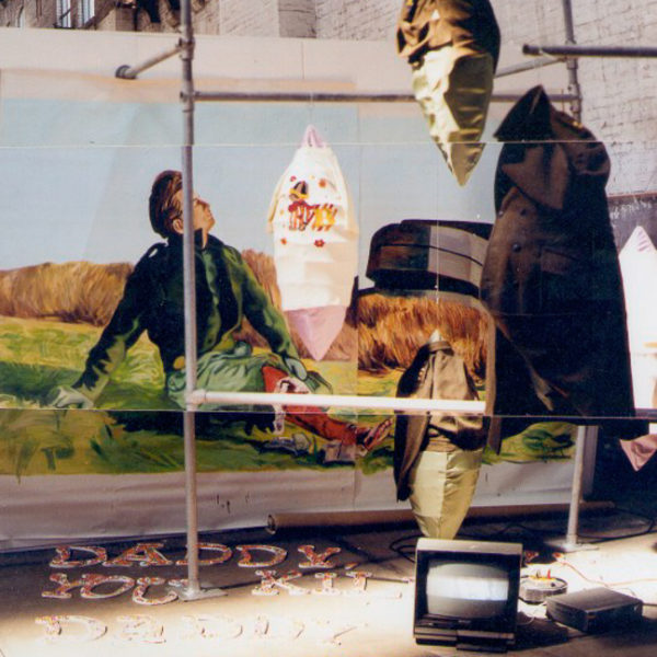 Nicht zuviel Moral das gefallt den Hollandern nicht, staged painting, oil on canvas, steel, objects, text, 5 x 5 x 6 m, 2000, Vier de Kunstvlaai, Westergasfabriek, Amsterdam, 6-14 mei 2000, groupshow