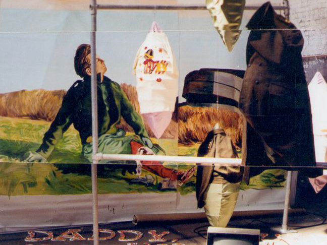 Nicht zuviel Moral das gefallt den Hollandern nicht, staged painting, oil on canvas, steel, objects, text, 5 x 5 x 6 m, 2000, Vier de Kunstvlaai, Westergasfabriek, Amsterdam, 6-14 mei 2000, groupshow