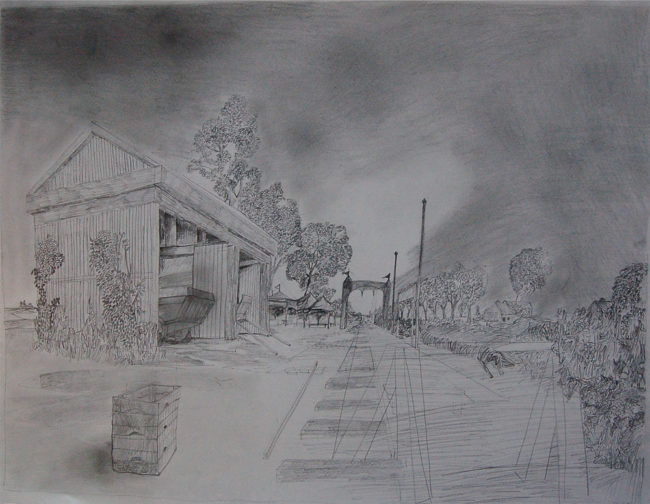 Een Genoegelijk Gemis, untitled/spoortracé Haarlem-Amsterdam, Potlood op papier, 65 x 55 cm, onderdeel van installatie, Tentoonstelling Tracing Places, Janskerk, Haarlem, 2008