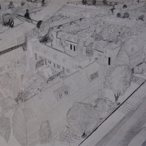 Een genoegelijk gemis, Untitled/Fokker boven Haarlem, Potlood op papier, 65 x 55 cm, onderdeel van installatie, Tentoonstelling Tracing Places, Janskerk, Haarlem, 2008
