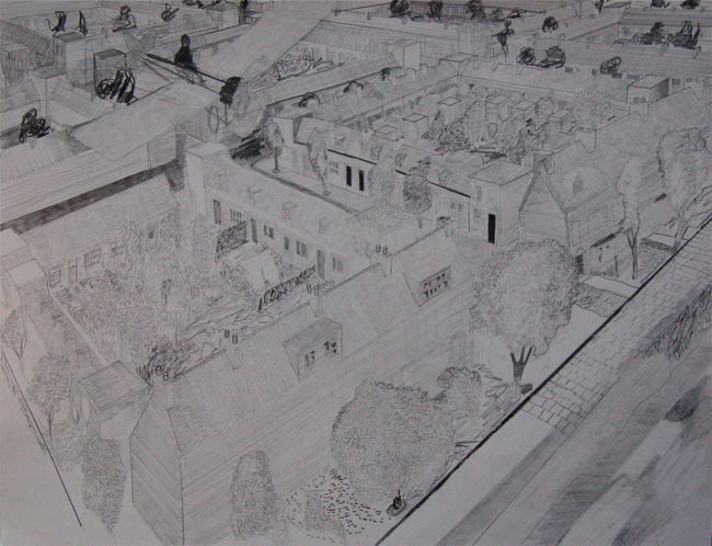 Een genoegelijk gemis, Untitled/Fokker boven Haarlem, Potlood op papier, 65 x 55 cm, onderdeel van installatie, Tentoonstelling Tracing Places, Janskerk, Haarlem, 2008