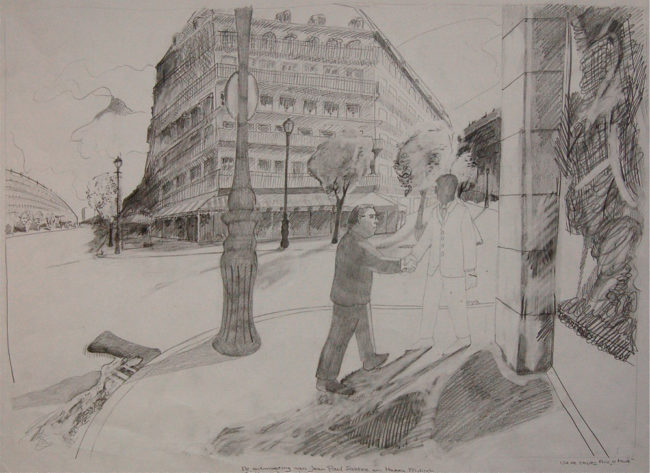 Een genoegelijk gemis, untitled, Mulish en Sartre, Potlood op papier, 65 x 55 cm, onderdeel van installatie, Tentoonstelling Tracing Places, Janskerk, Haarlem, 2008