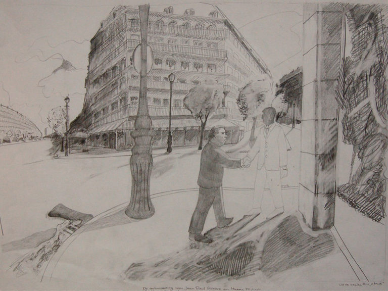 Een genoegelijk gemis, untitled, Mulish en Sartre, Potlood op papier, 65 x 55 cm, onderdeel van installatie, Tentoonstelling Tracing Places, Janskerk, Haarlem, 2008
