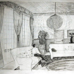 Een Genoegelijk Gemis, Untitled/Humprey Bogart belt McCarthy, Potlood op papier, 65 x 55 cm, onderdeel van installatie, Tentoonstelling Tracing Places, Janskerk, Haarlem, 2008