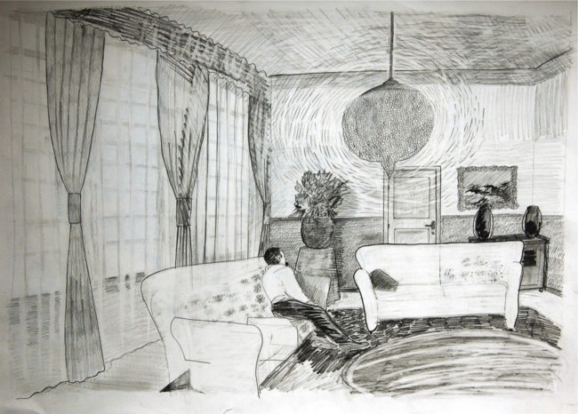 Een Genoegelijk Gemis, Untitled/Humprey Bogart belt McCarthy, Potlood op papier, 65 x 55 cm, onderdeel van installatie, Tentoonstelling Tracing Places, Janskerk, Haarlem, 2008