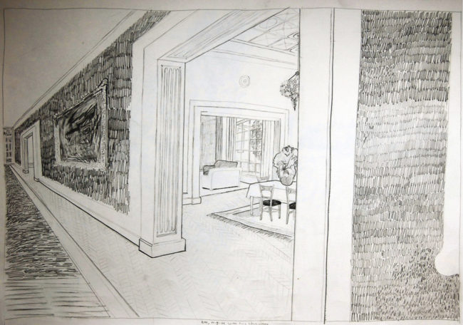 Een Genoegelijk Gemis, Het witte Huis, 8.45 uur 11 september 2001, Potlood op papier, 65 x 55 cm, onderdeel van installatie, Tentoonstelling Tracing Places, Janskerk, Haarlem, 2008