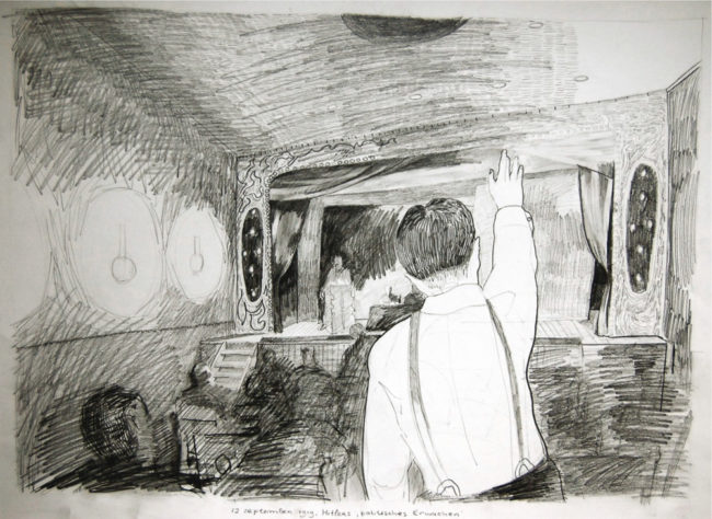 Een genoegelijk gemis, Untitled/Hitlers erwachen, Potlood op papier, 65 x 55 cm, onderdeel van installatie, Tentoonstelling Tracing Places, Janskerk, Haarlem, 2008